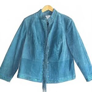 Drapers & Damons Embroidered Teal Leather Jacket Fringe Size 1X Boho Art to Wear